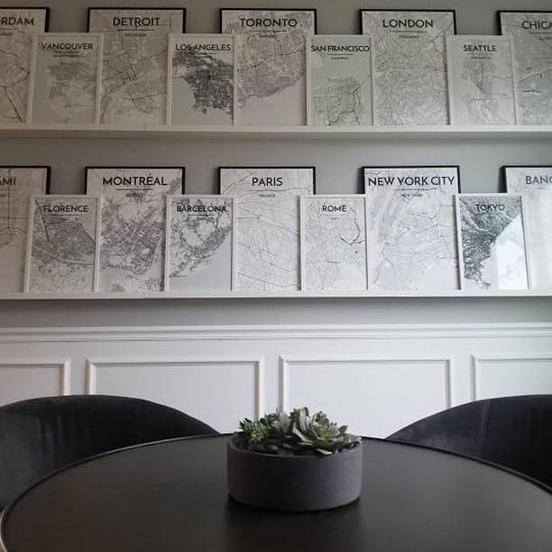 Black and White City Map Prints on Shelves