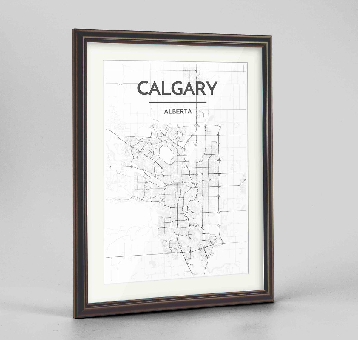 Framed Calgary City Map 24x36&quot; Traditional Walnut frame Point Two Design Group