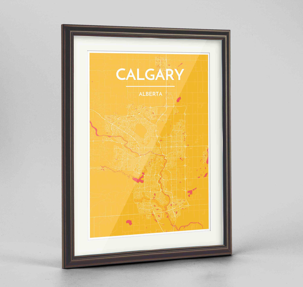 Framed Calgary City Map 24x36&quot; Traditional Walnut frame Point Two Design Group