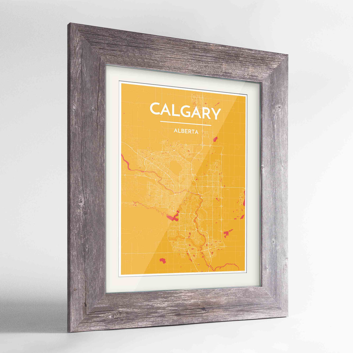 Framed Calgary City Map 24x36&quot; Western Grey frame Point Two Design Group