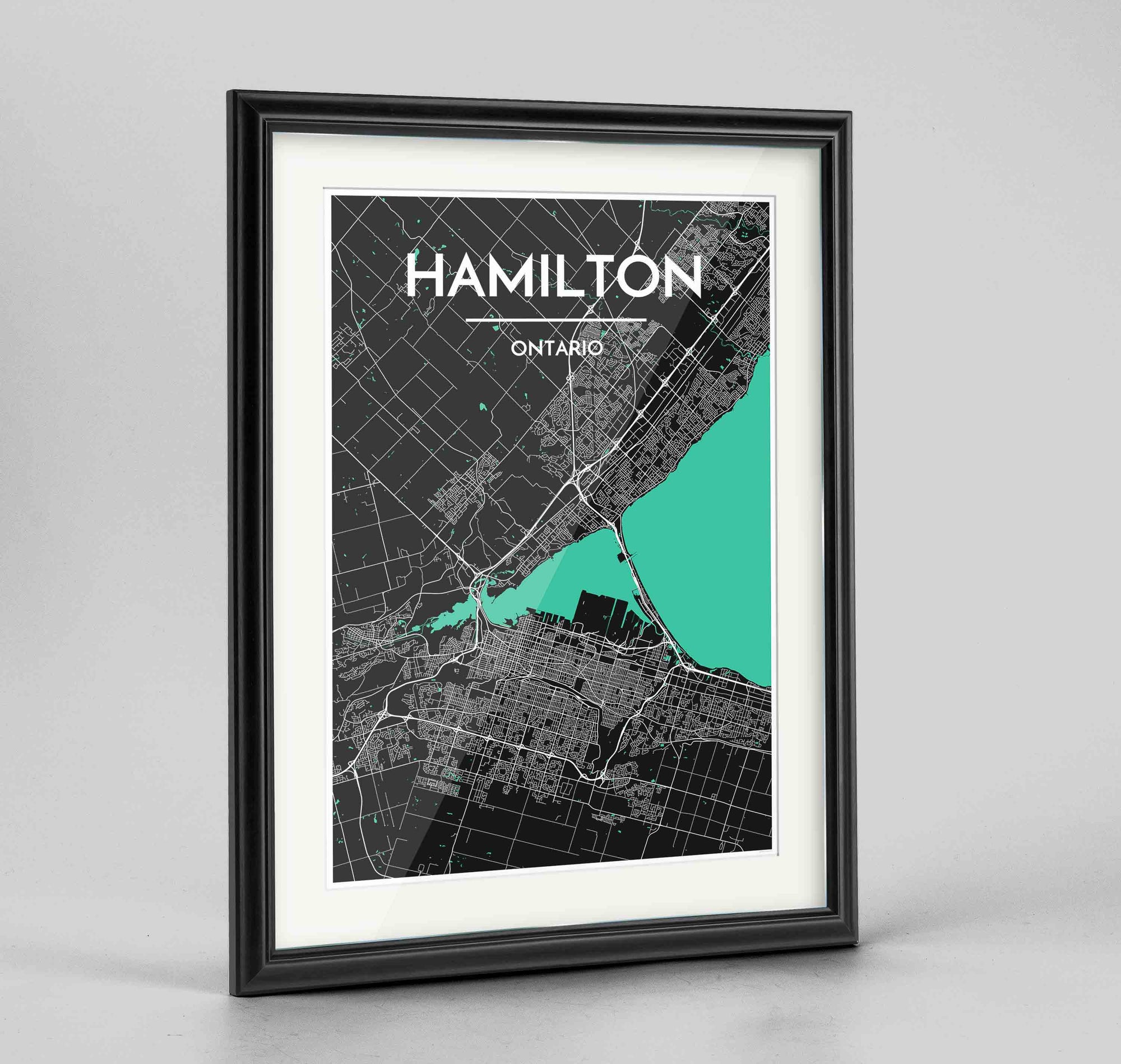 Framed Hamilton City Map 24x36" Traditional Black frame Point Two Design Group