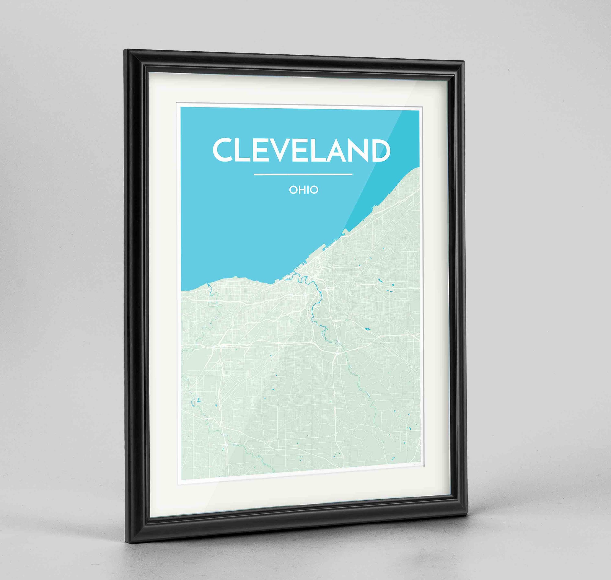 Framed Cleveland Map Art Print 24x36" Traditional Black frame Point Two Design Group