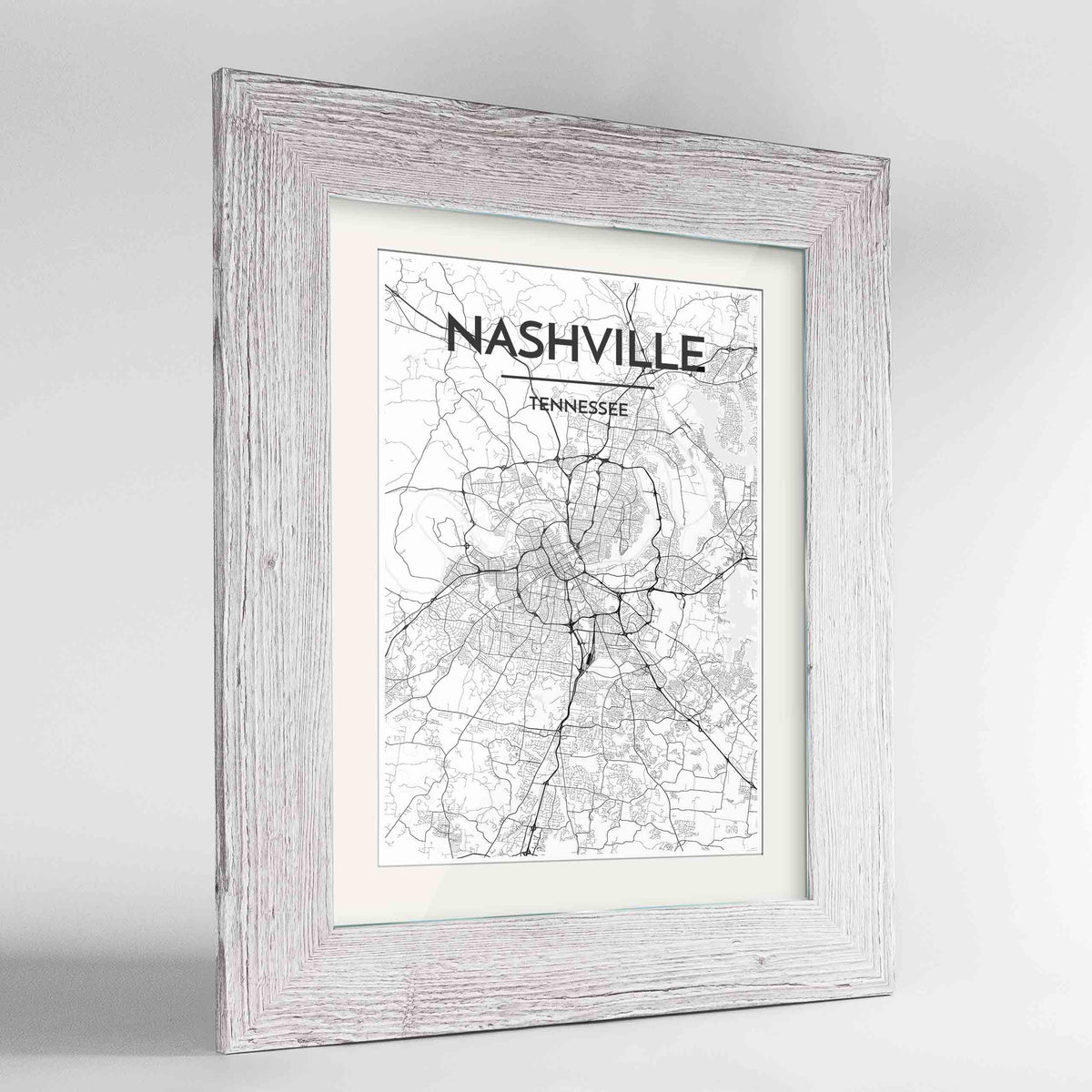 Framed Nashville Map Art Print 24x36&quot; Western White frame Point Two Design Group