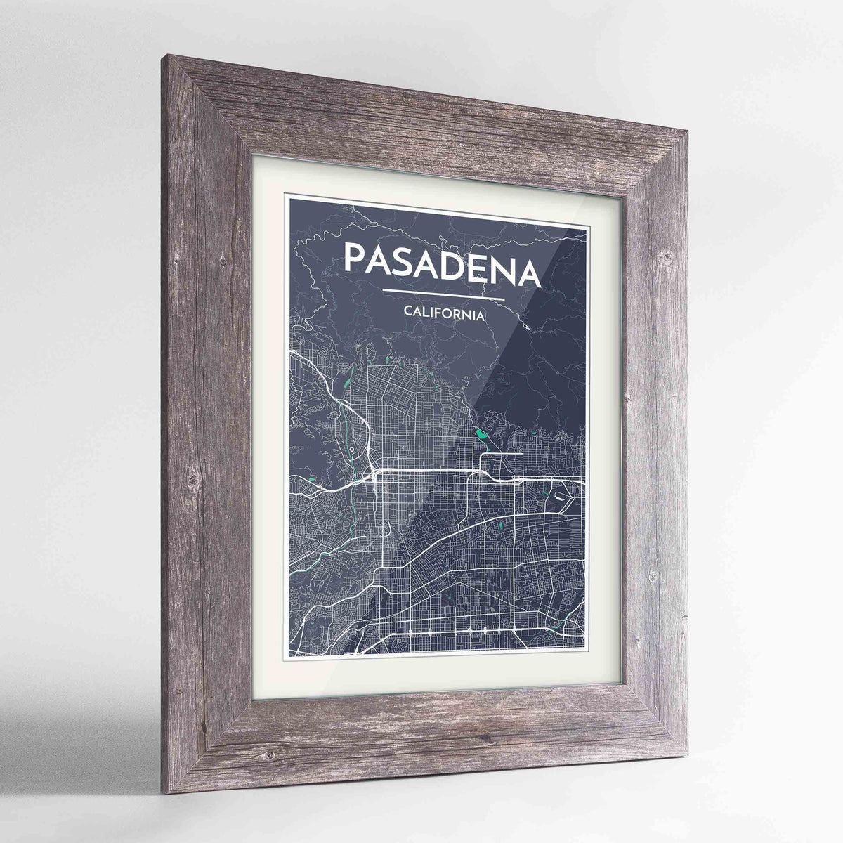 Framed Pasadena Map Art Print 24x36&quot; Western Grey frame Point Two Design Group
