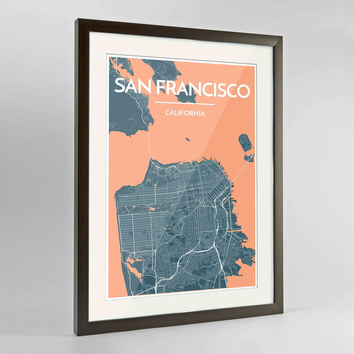 Framed San Francisco Map Art Print 24x36&quot; Contemporary Walnut frame Point Two Design Group