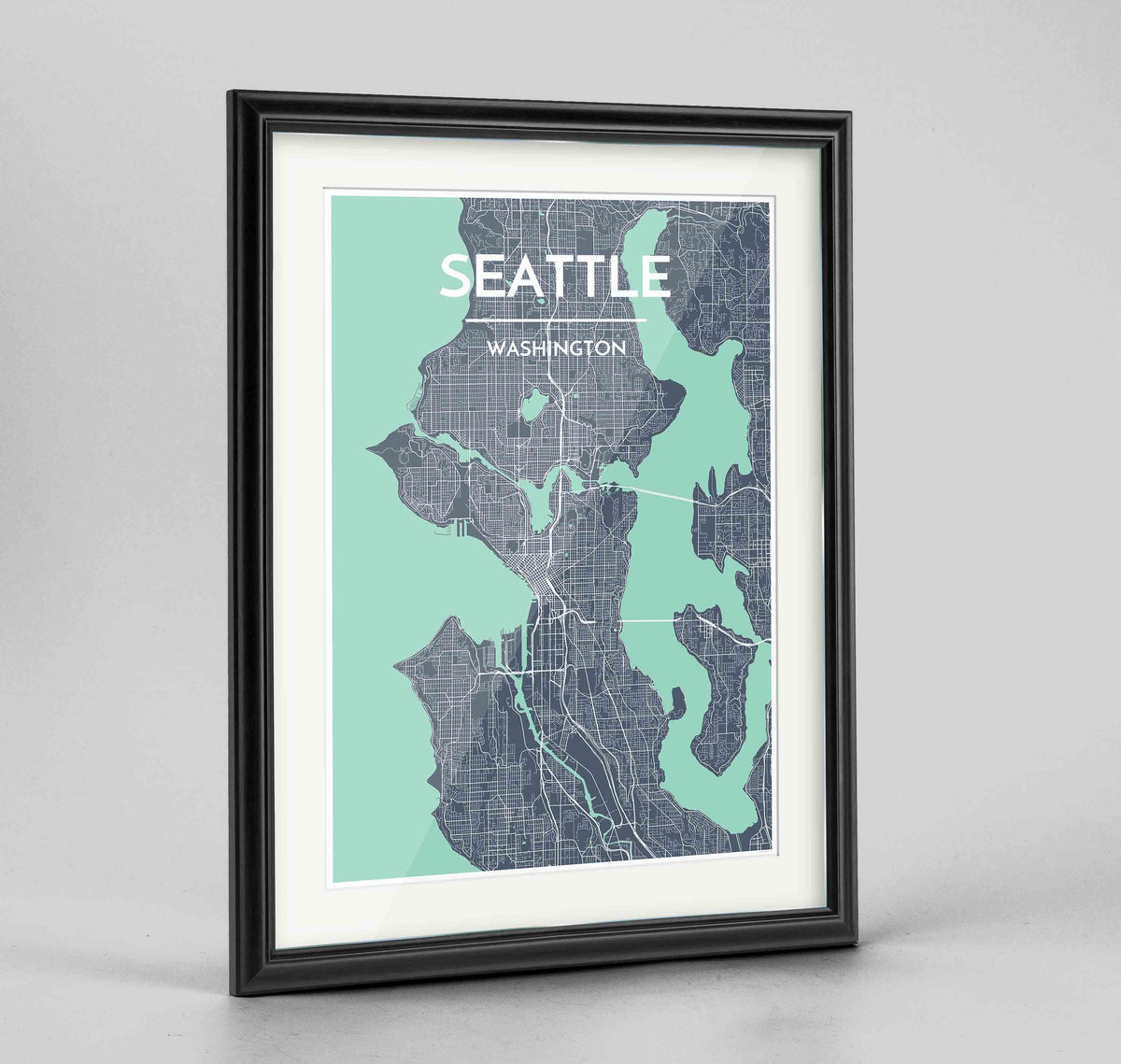 Framed Seattle Map Art Print 24x36&quot; Traditional Black frame Point Two Design Group