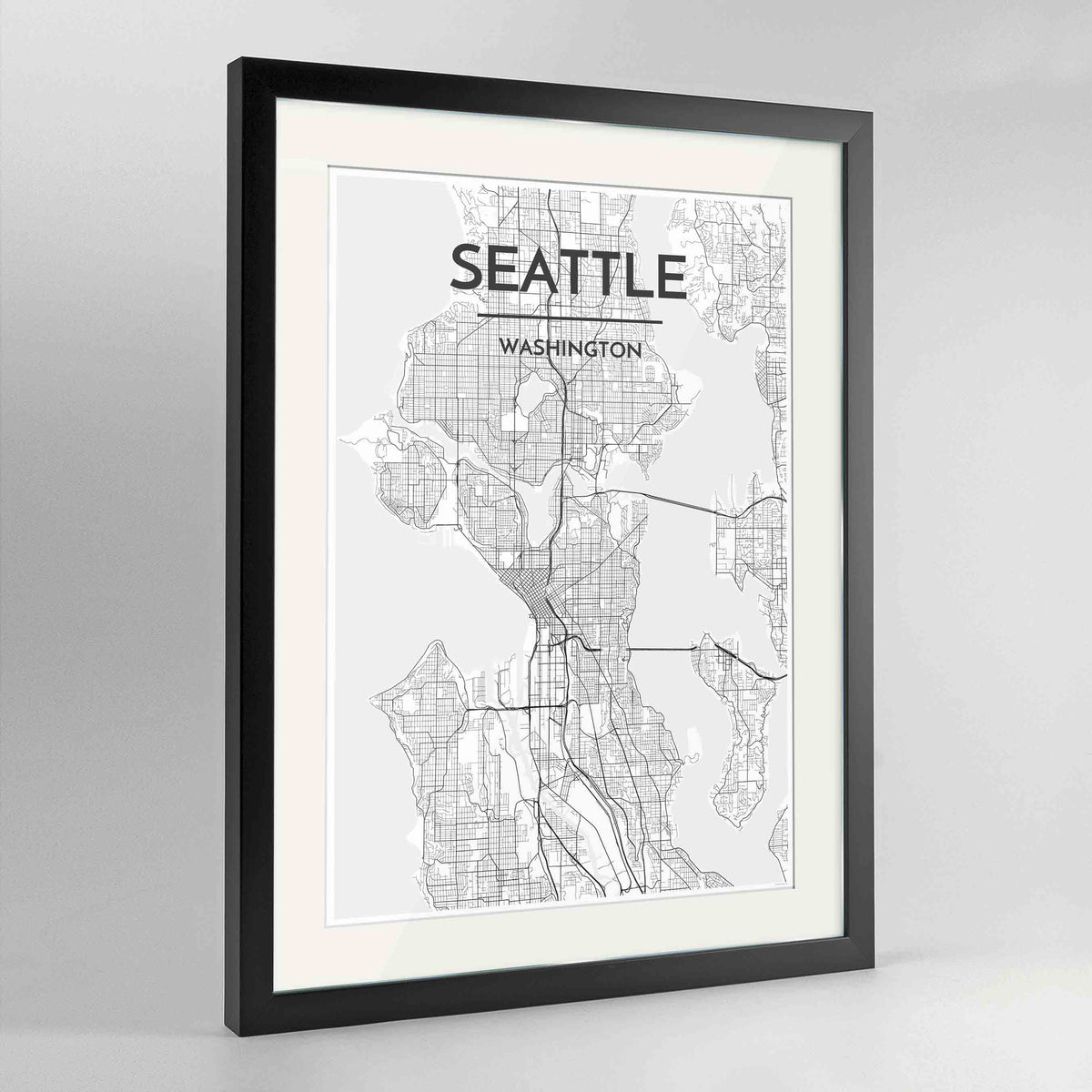 Framed Seattle Map Art Print 24x36&quot; Contemporary Black frame Point Two Design Group