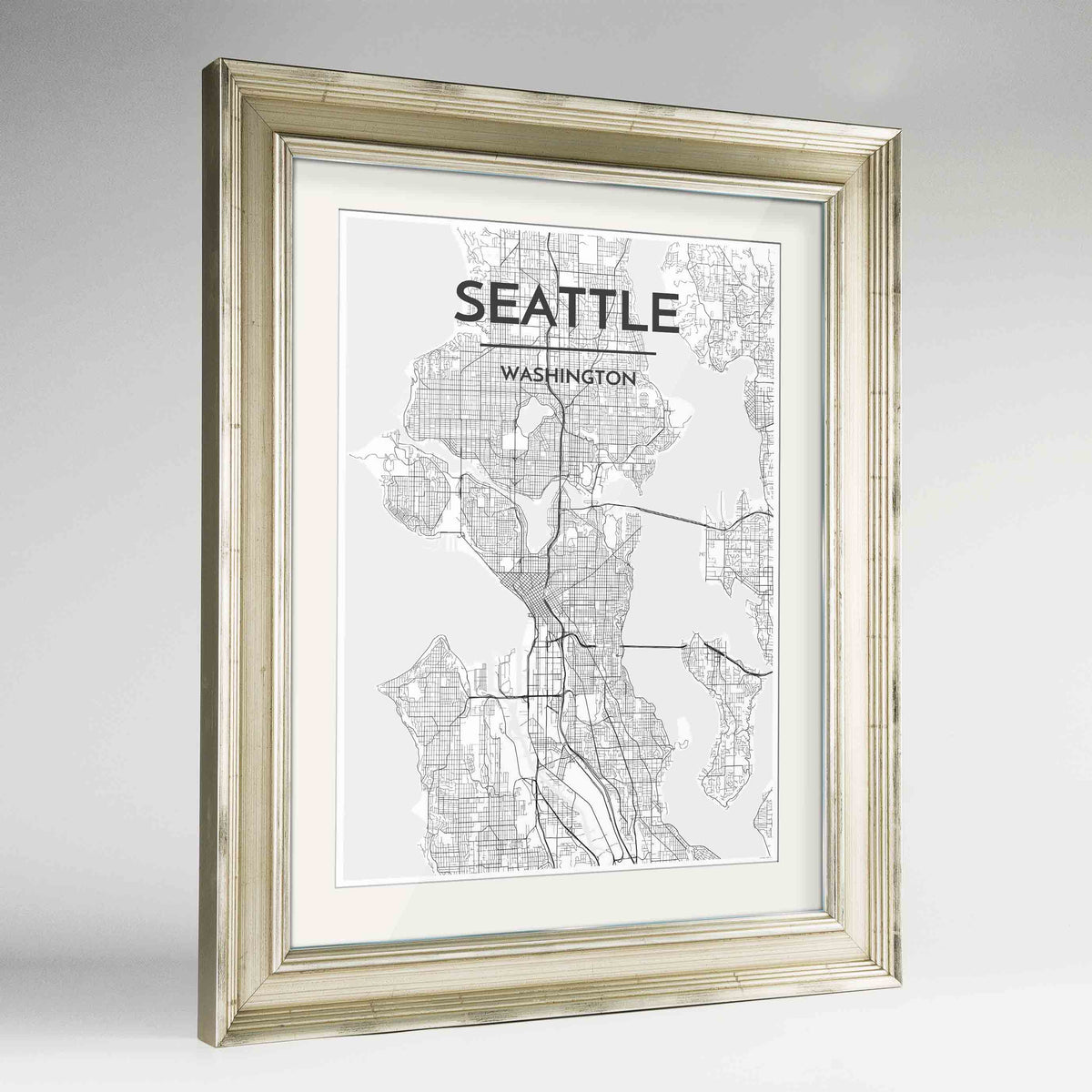Framed Seattle Map Art Print 24x36&quot; Champagne frame Point Two Design Group