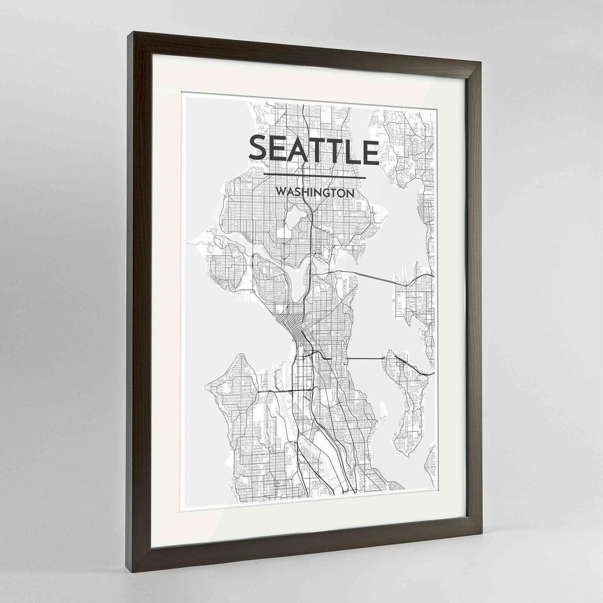 Framed Seattle Map Art Print 24x36&quot; Contemporary Walnut frame Point Two Design Group