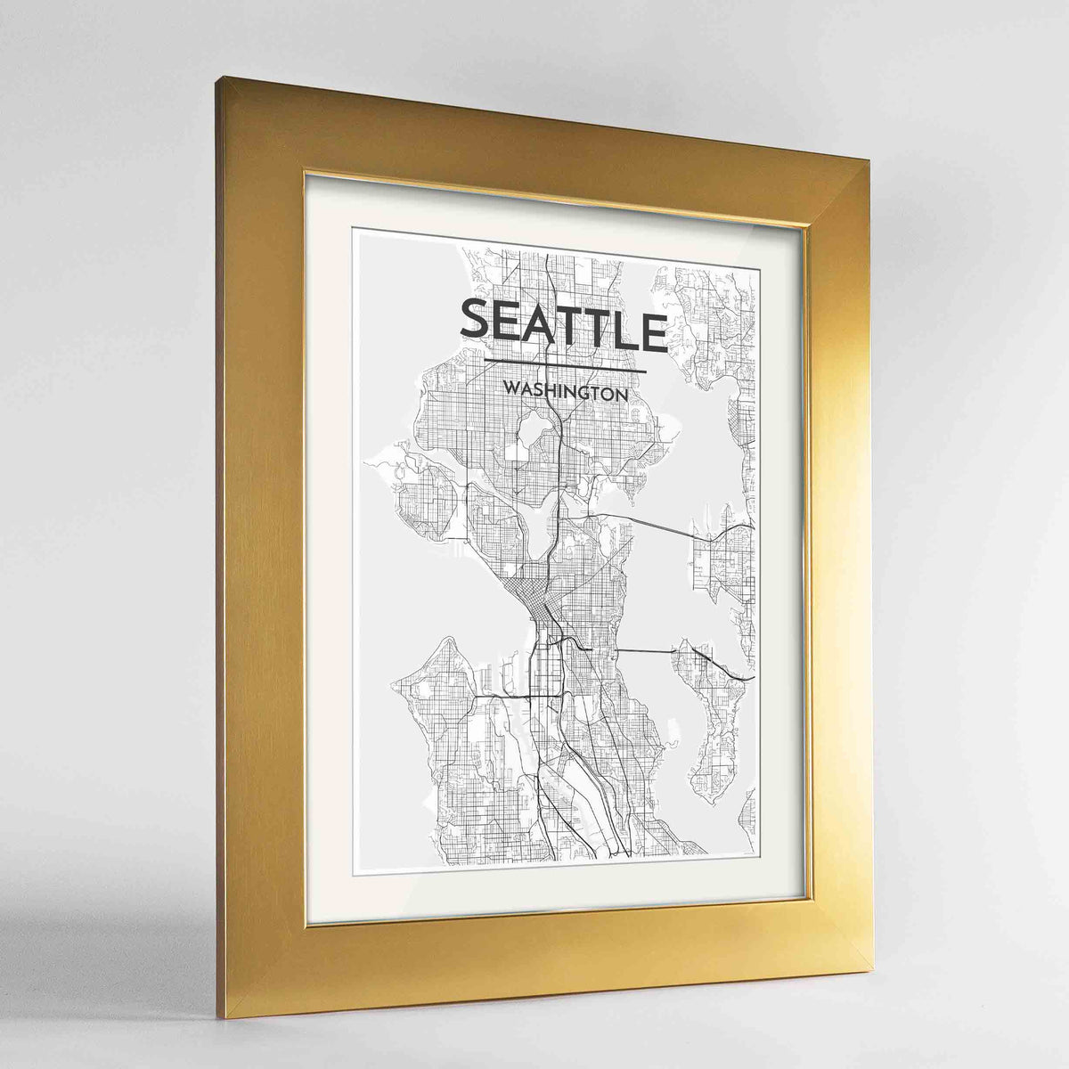 Framed Seattle Map Art Print 24x36&quot; Gold frame Point Two Design Group