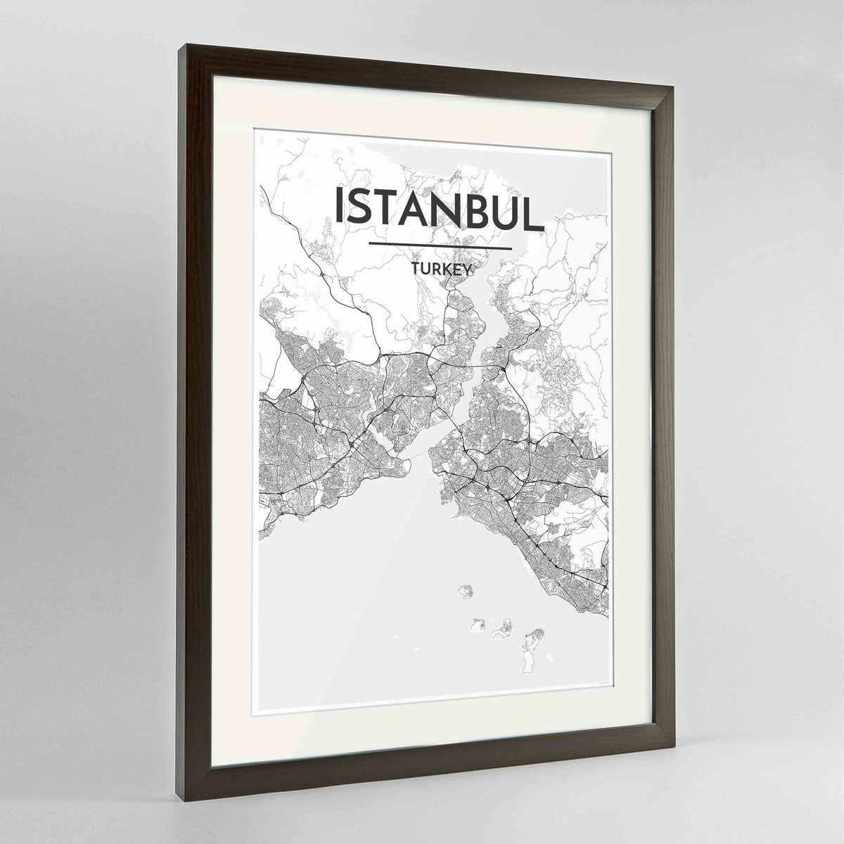 Framed Istanbul Map Art Print 24x36&quot; Contemporary Walnut frame Point Two Design Group