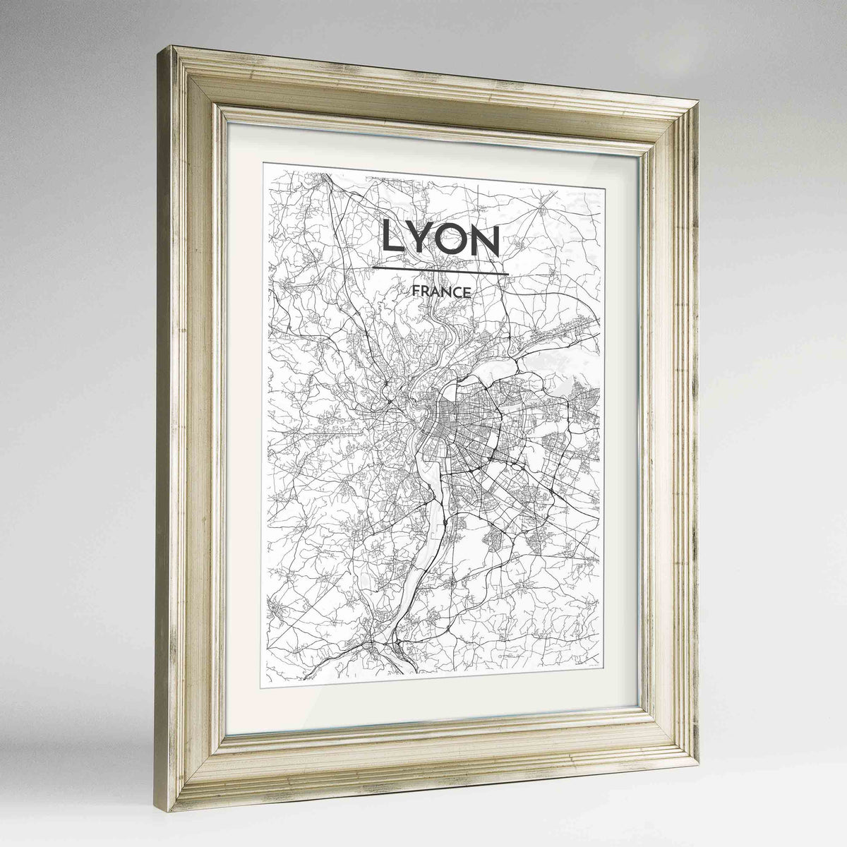 Framed Lyon Map Art Print 24x36&quot; Champagne frame Point Two Design Group