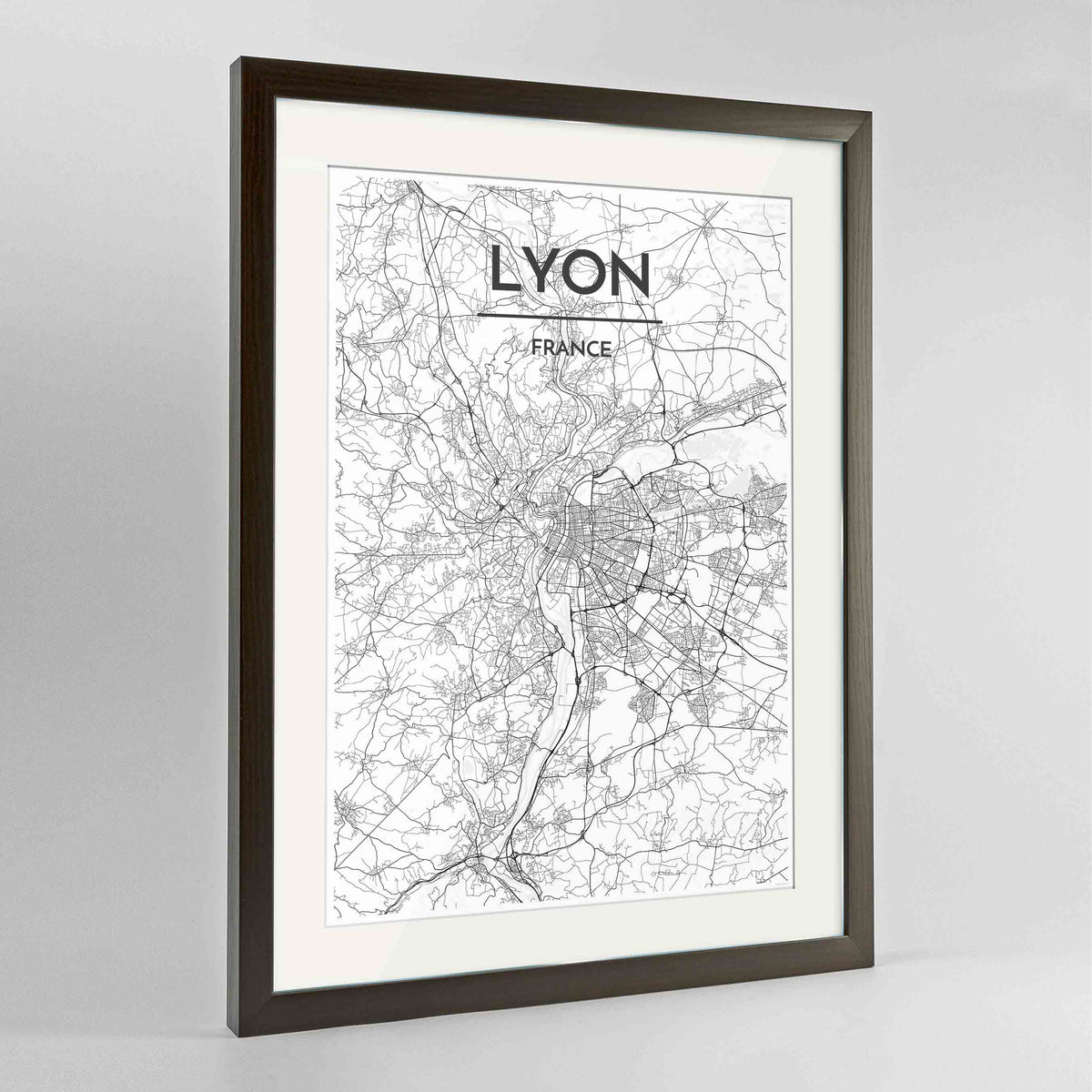 Framed Lyon Map Art Print 24x36&quot; Contemporary Walnut frame Point Two Design Group