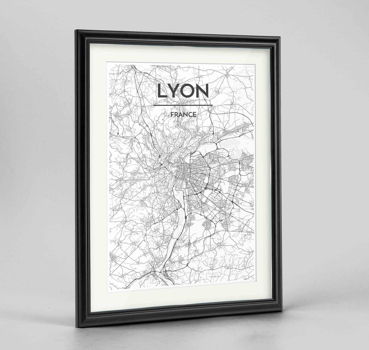 Framed Lyon Map Art Print 24x36&quot; Traditional Black frame Point Two Design Group