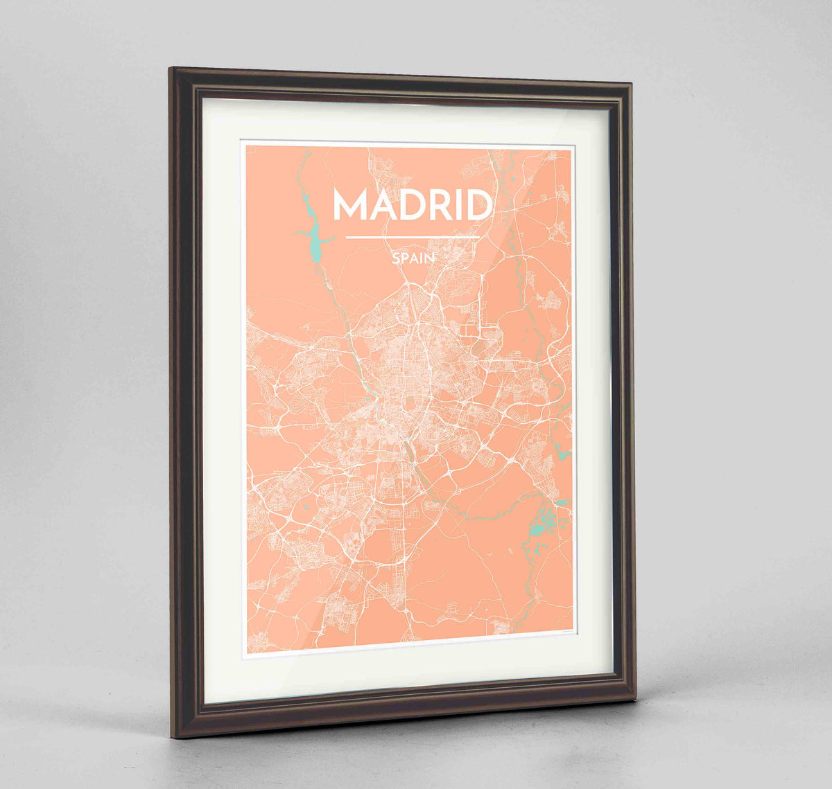 Framed Madrid Map Art Print 24x36&quot; Traditional Walnut frame Point Two Design Group