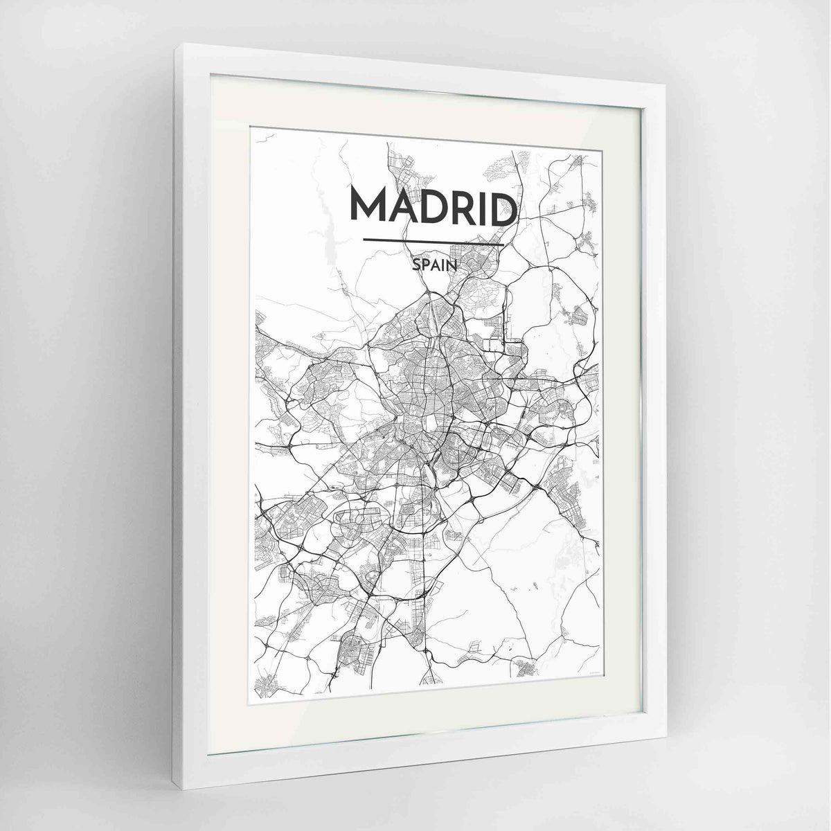 Framed Madrid Map Art Print 24x36&quot; Contemporary White frame Point Two Design Group