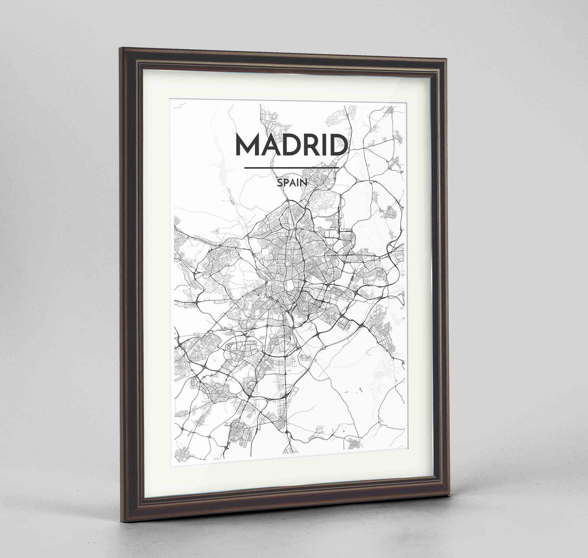 Framed Madrid Map Art Print 24x36&quot; Traditional Walnut frame Point Two Design Group