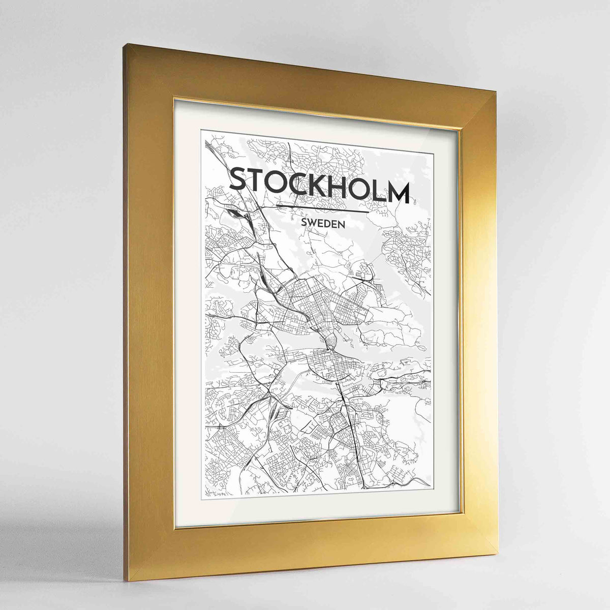 Framed Stockholm Map Art Print 24x36&quot; Gold frame Point Two Design Group