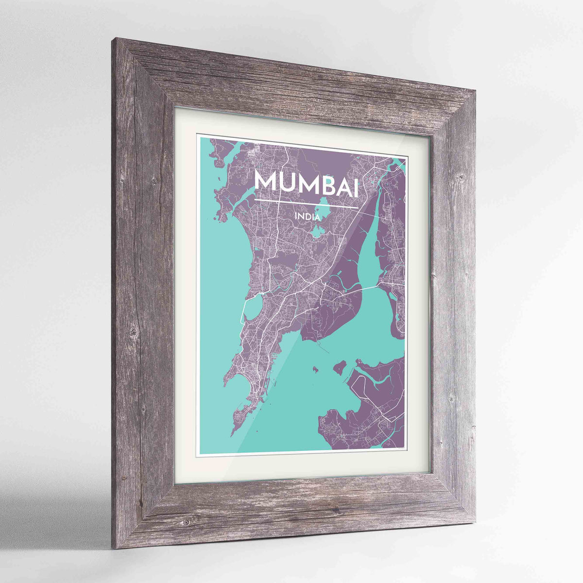 Framed Mumbai Map Art Print 24x36&quot; Western Grey frame Point Two Design Group