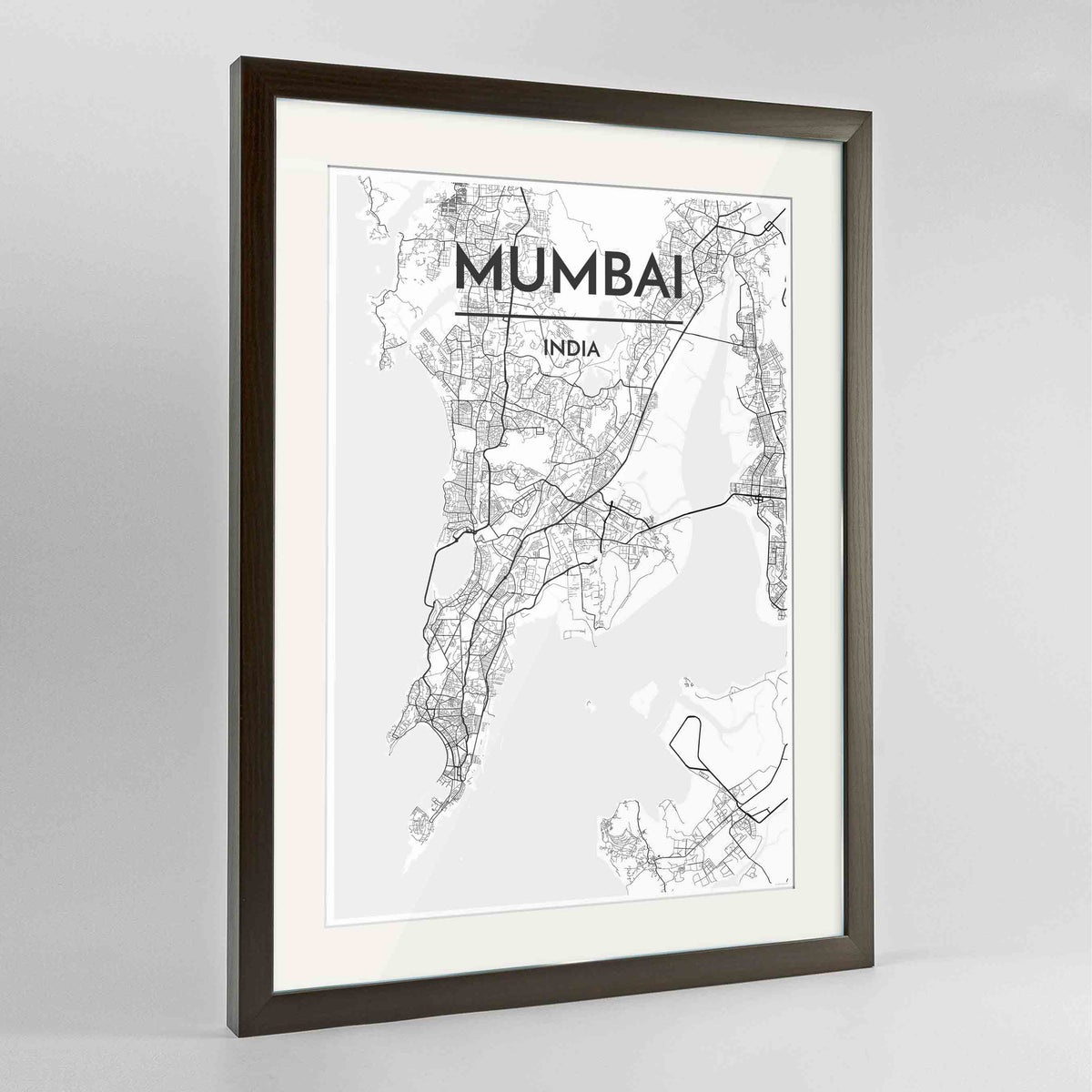 Framed Mumbai Map Art Print 24x36&quot; Contemporary Walnut frame Point Two Design Group
