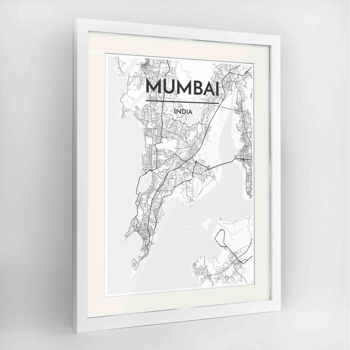 Framed Mumbai Map Art Print 24x36&quot; Contemporary White frame Point Two Design Group