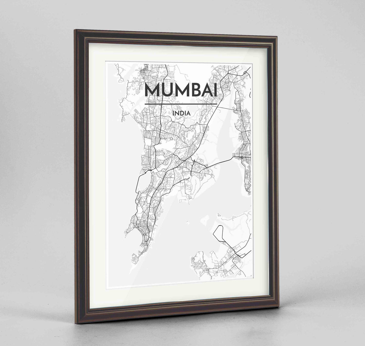 Framed Mumbai Map Art Print 24x36&quot; Traditional Walnut frame Point Two Design Group