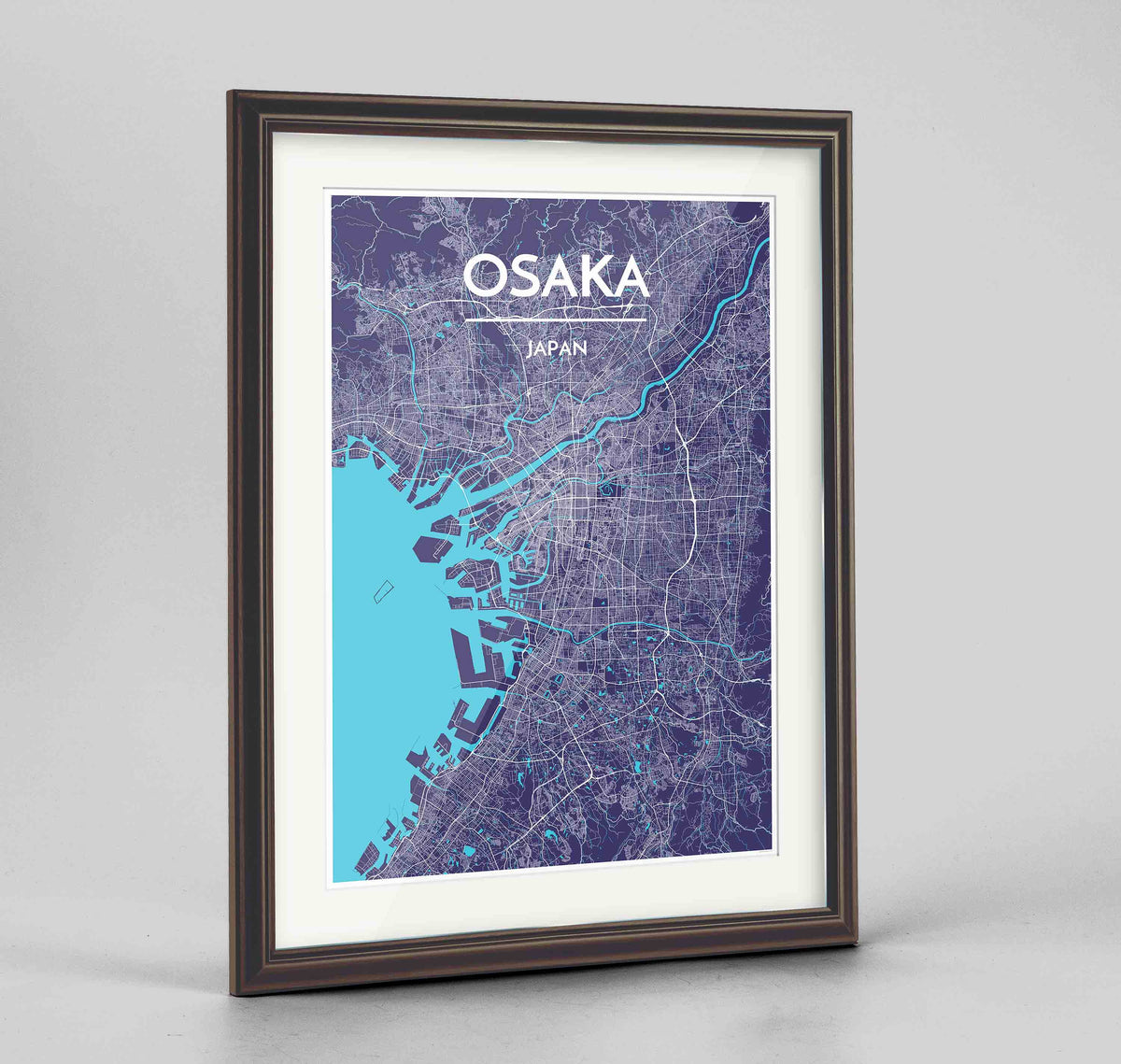 Framed Osaka Map Art Print 24x36&quot; Traditional Walnut frame Point Two Design Group