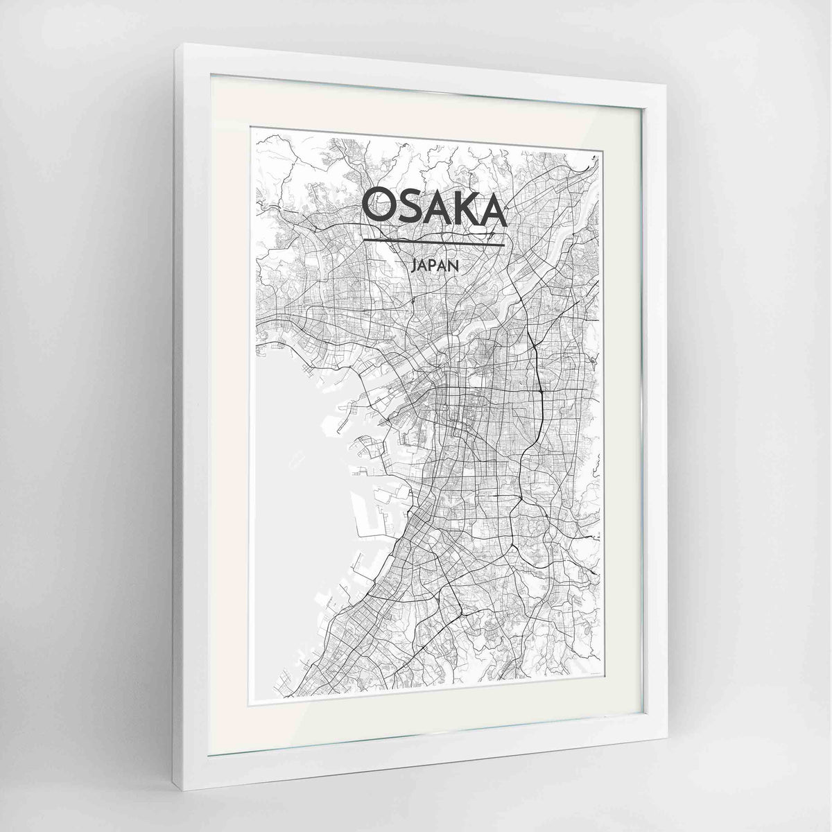 Framed Osaka Map Art Print 24x36&quot; Contemporary White frame Point Two Design Group