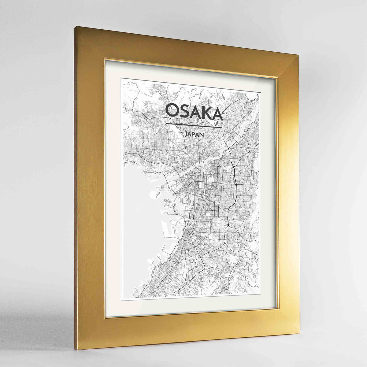 Framed Osaka Map Art Print 24x36&quot; Gold frame Point Two Design Group