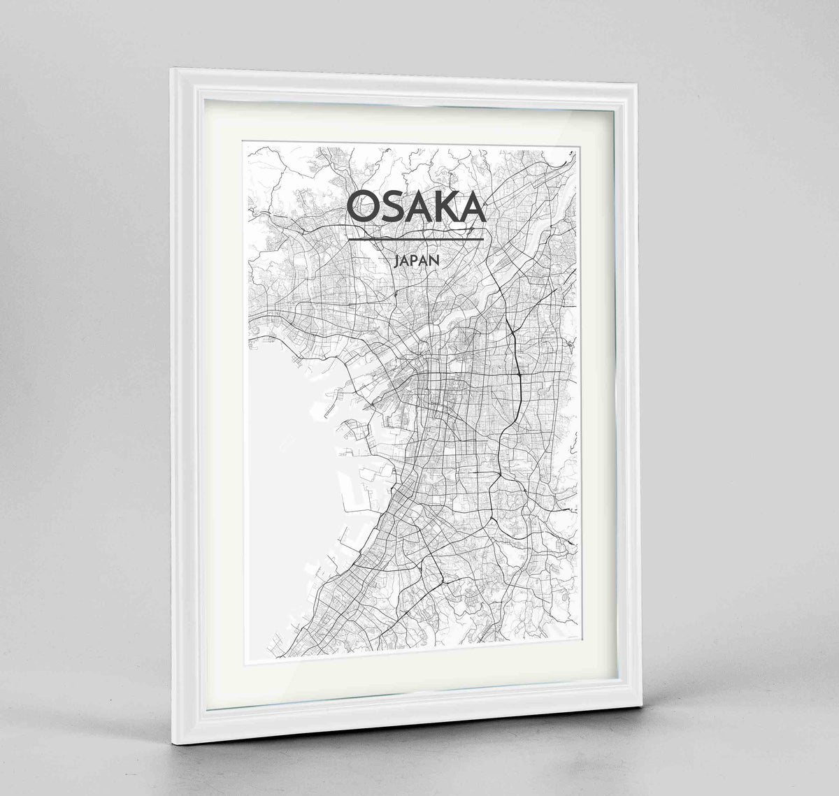 Framed Osaka Map Art Print 24x36&quot; Traditional White frame Point Two Design Group