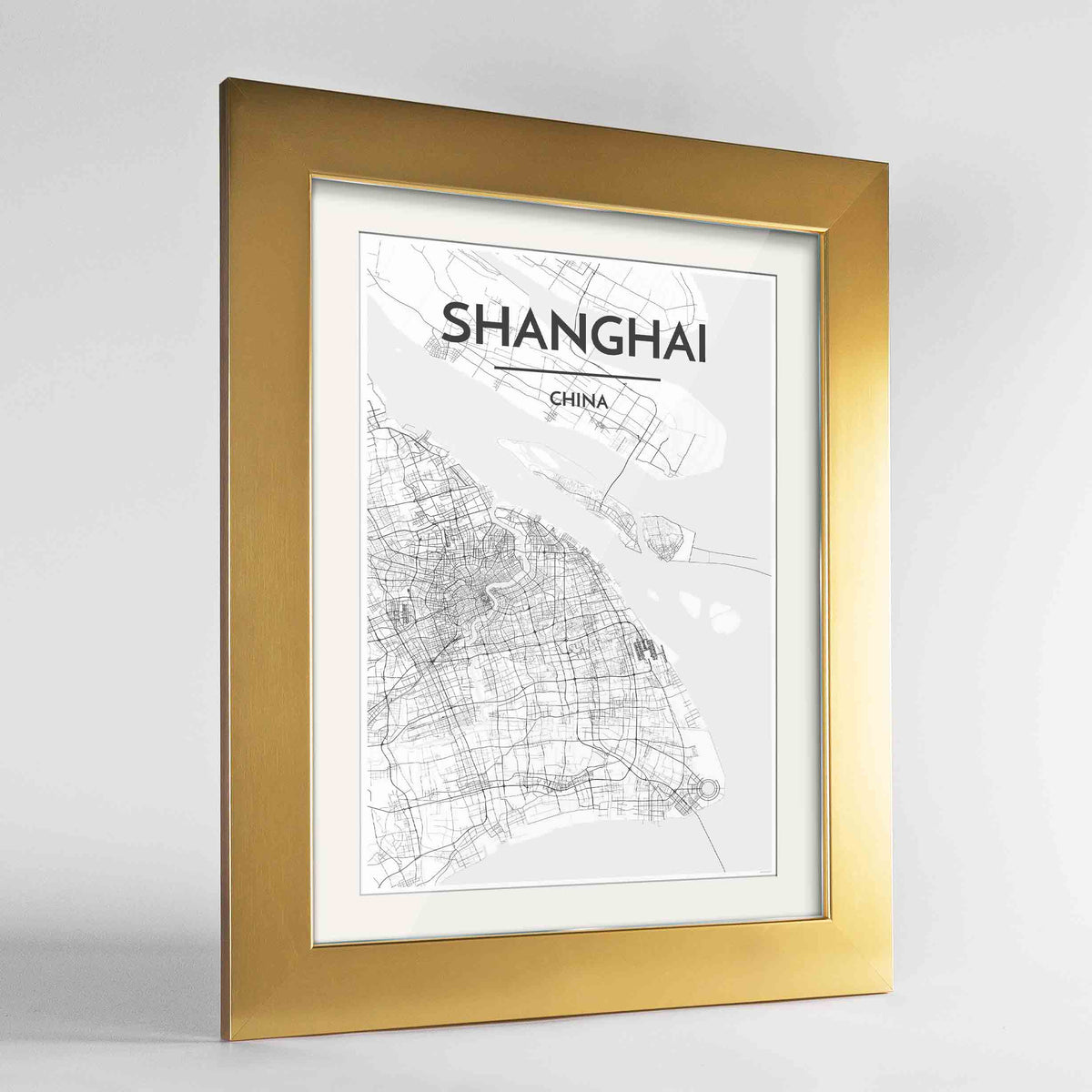 Framed Shanghai Map Art Print 24x36&quot; Gold frame Point Two Design Group