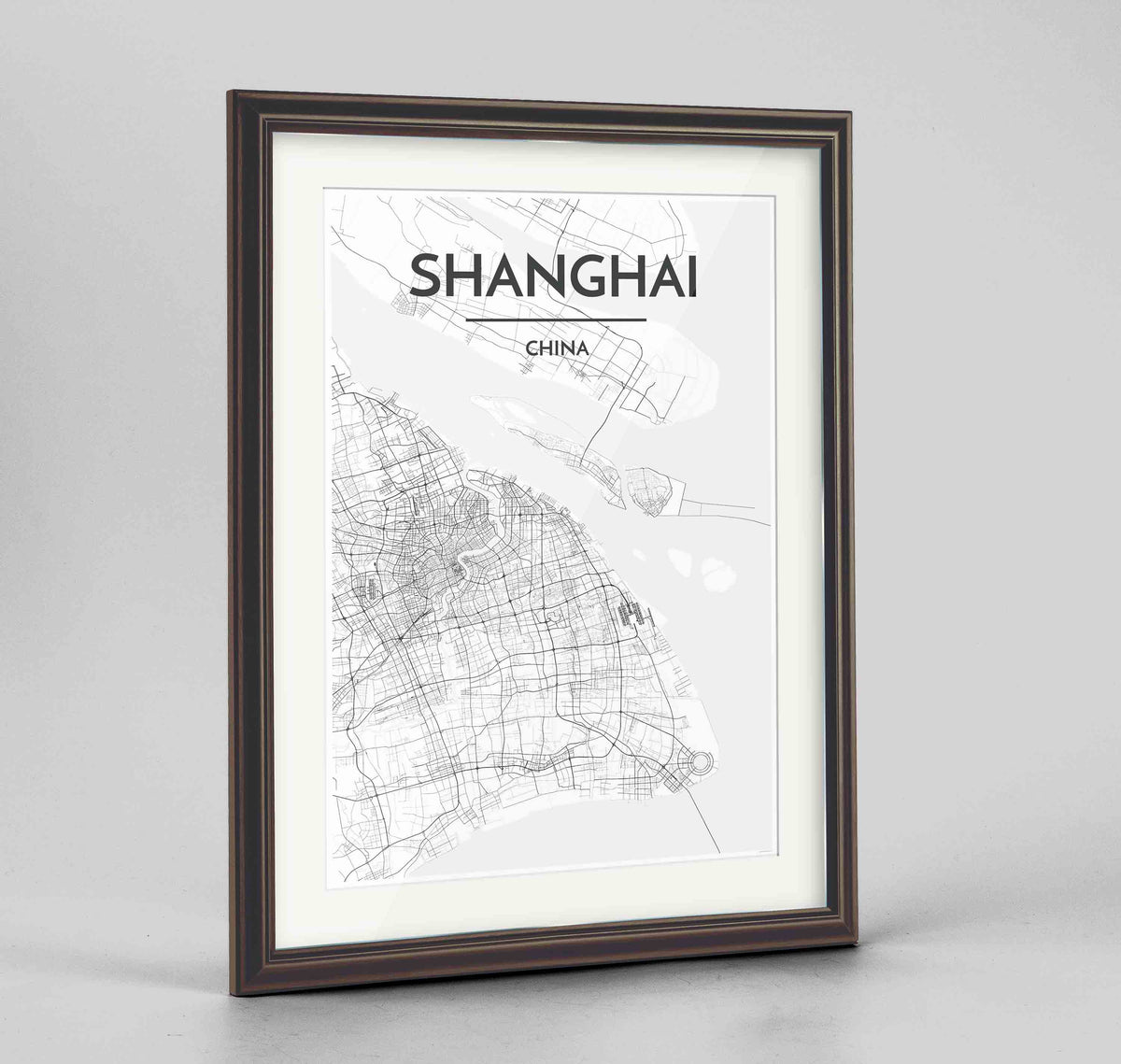 Framed Shanghai Map Art Print 24x36&quot; Traditional Walnut frame Point Two Design Group
