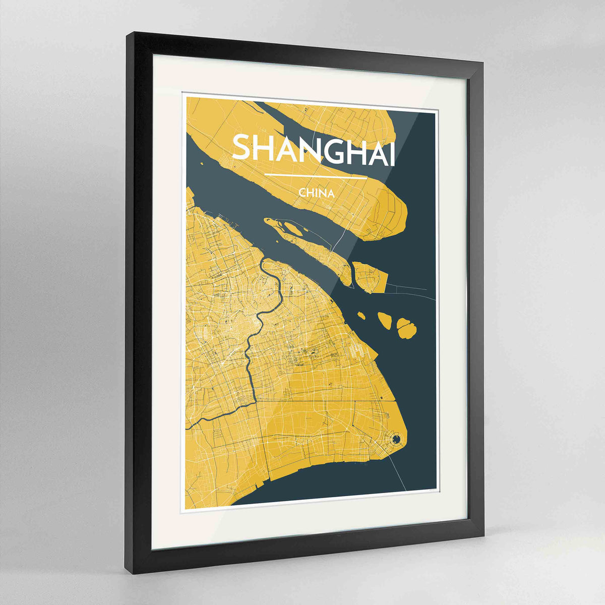 Framed Shanghai Map Art Print 24x36&quot; Contemporary Black frame Point Two Design Group
