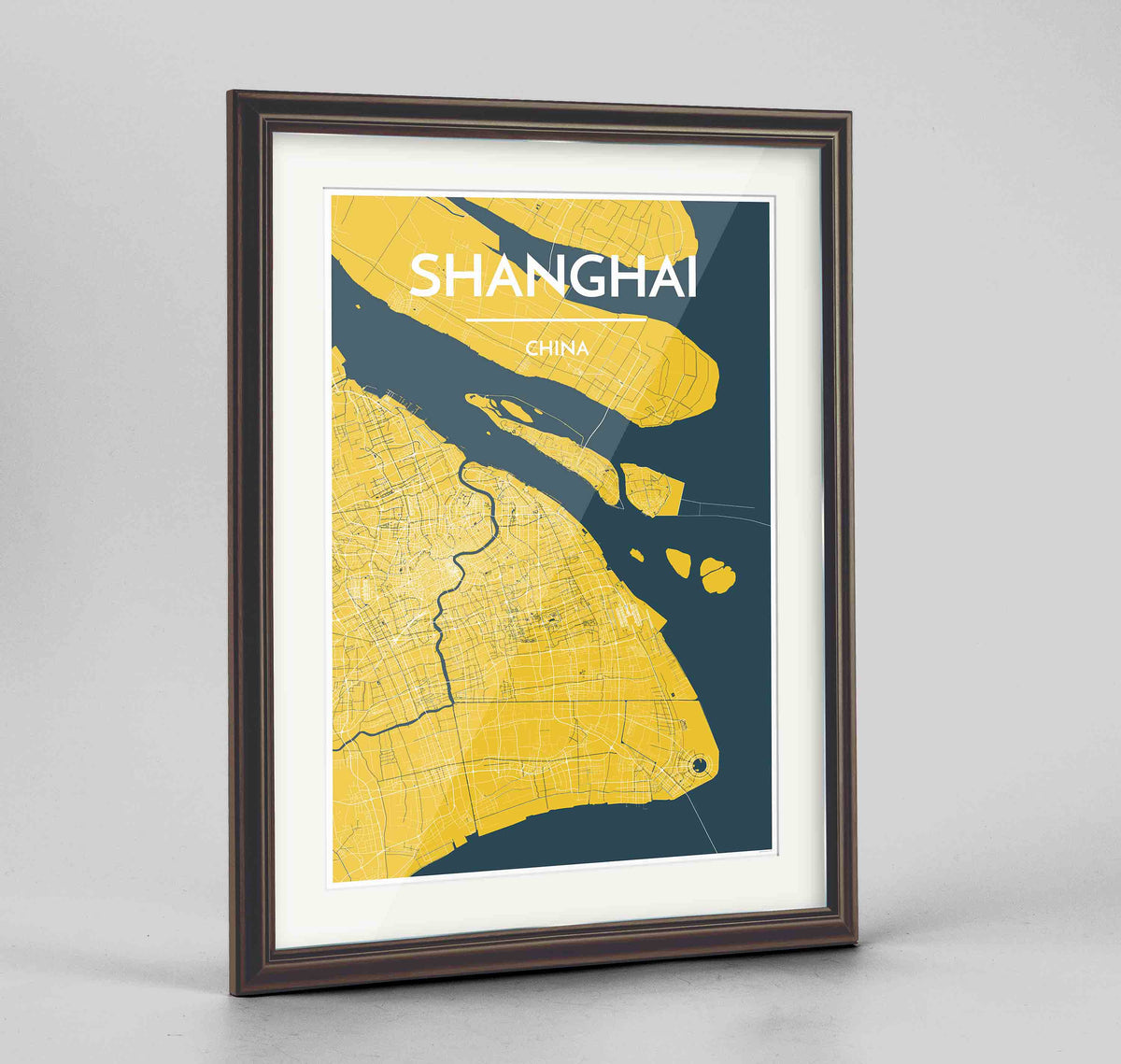 Framed Shanghai Map Art Print 24x36&quot; Traditional Walnut frame Point Two Design Group
