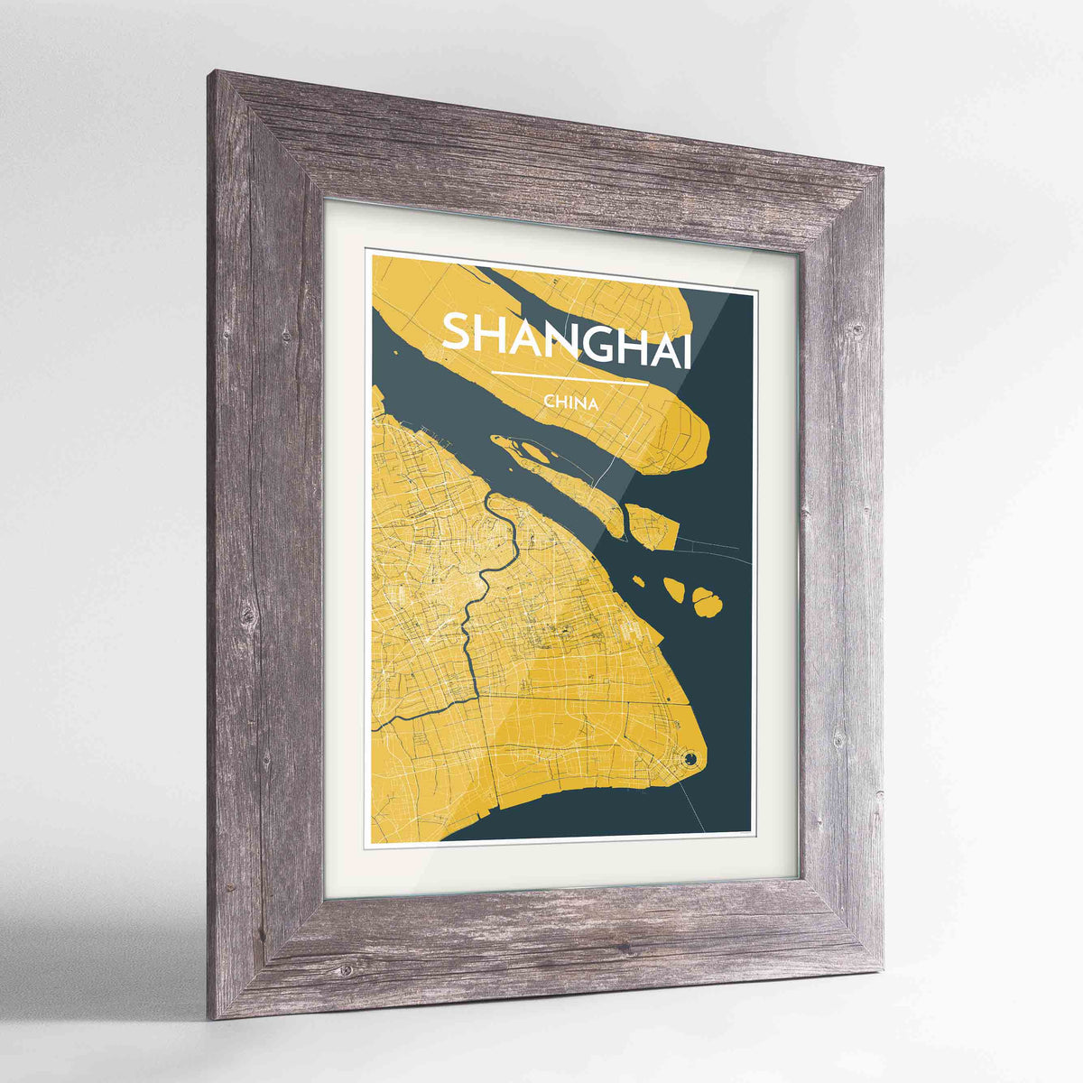 Framed Shanghai Map Art Print 24x36&quot; Western Grey frame Point Two Design Group