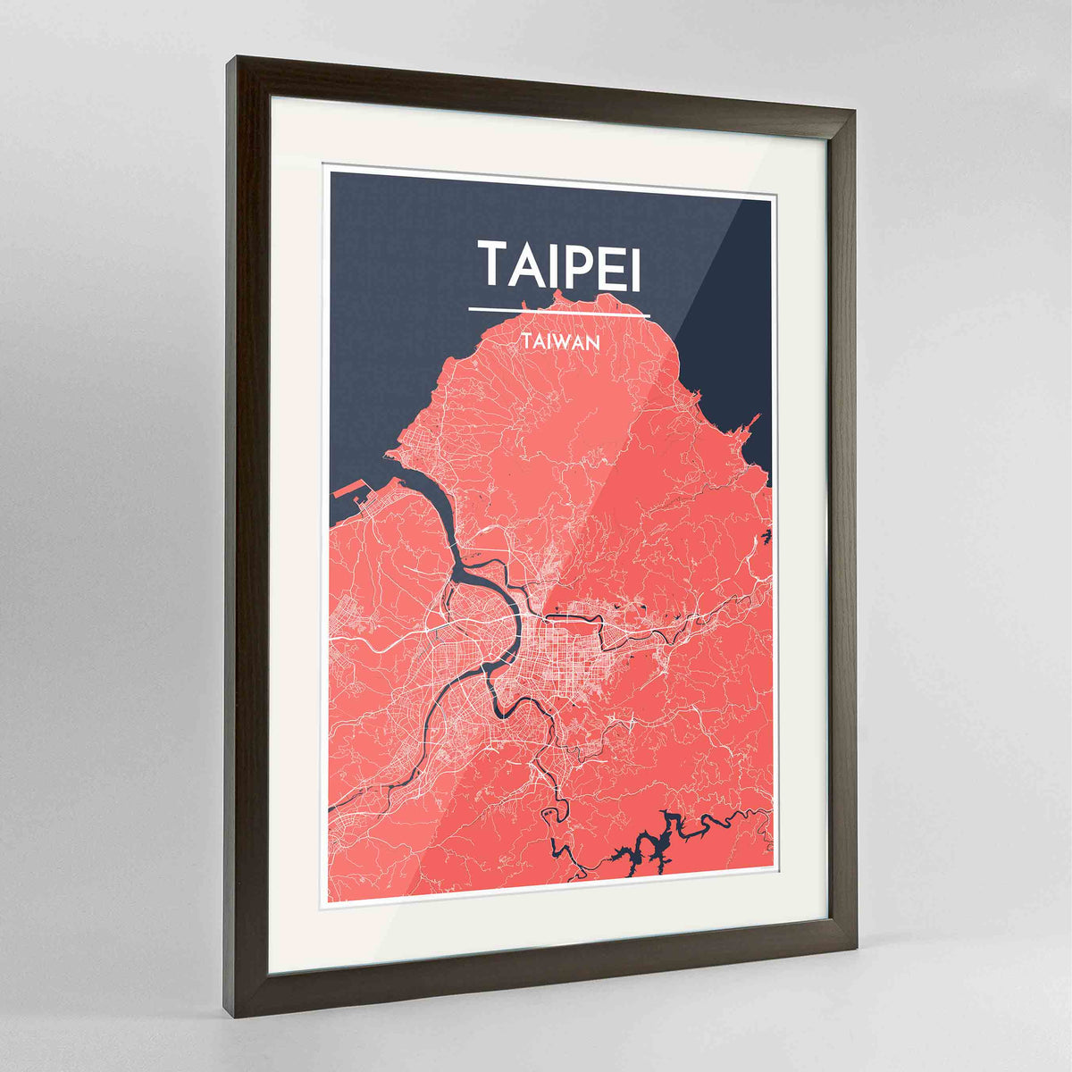 Framed Taipei Map Art Print 24x36&quot; Contemporary Walnut frame Point Two Design Group