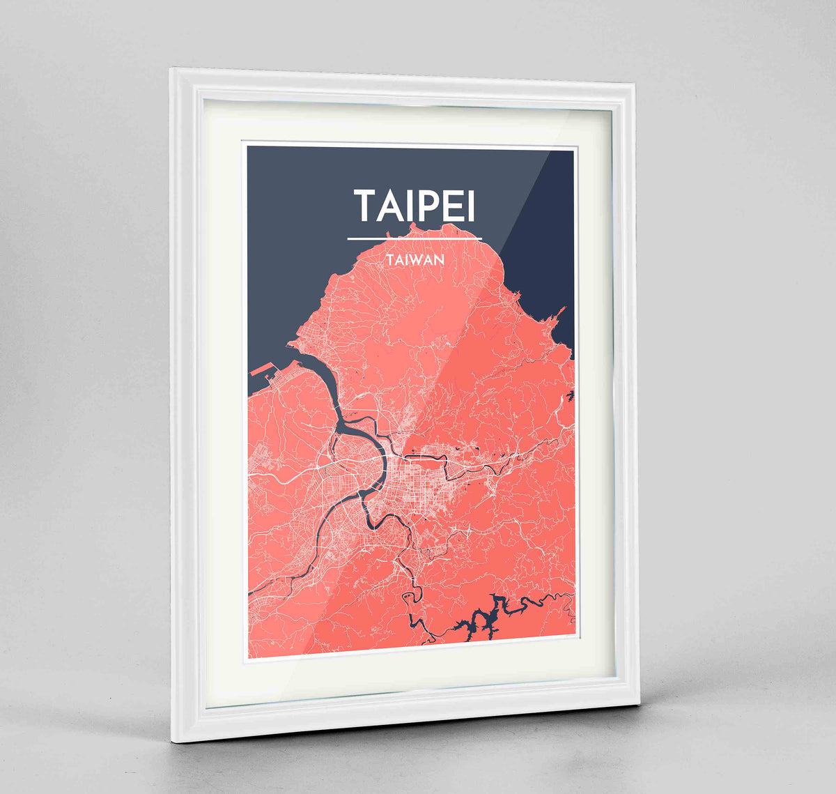 Framed Taipei Map Art Print 24x36&quot; Traditional White frame Point Two Design Group