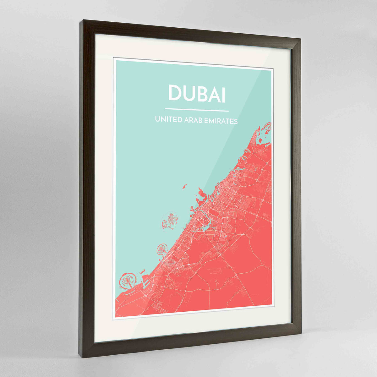 Framed Dubai Map Art Print 24x36&quot; Contemporary Walnut frame Point Two Design Group