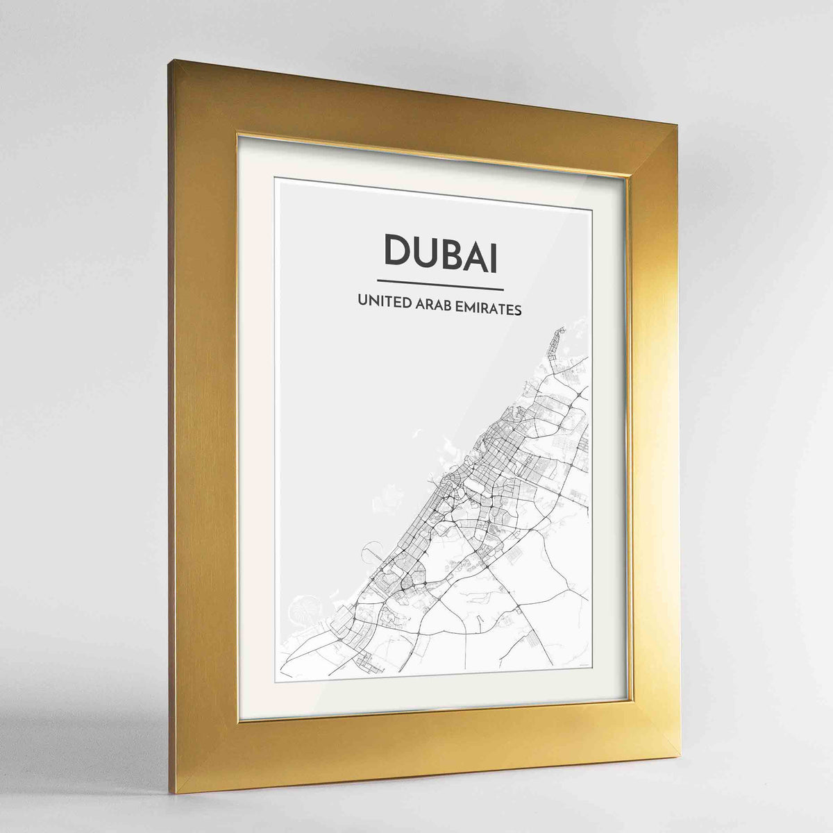 Framed Dubai Map Art Print 24x36&quot; Gold frame Point Two Design Group
