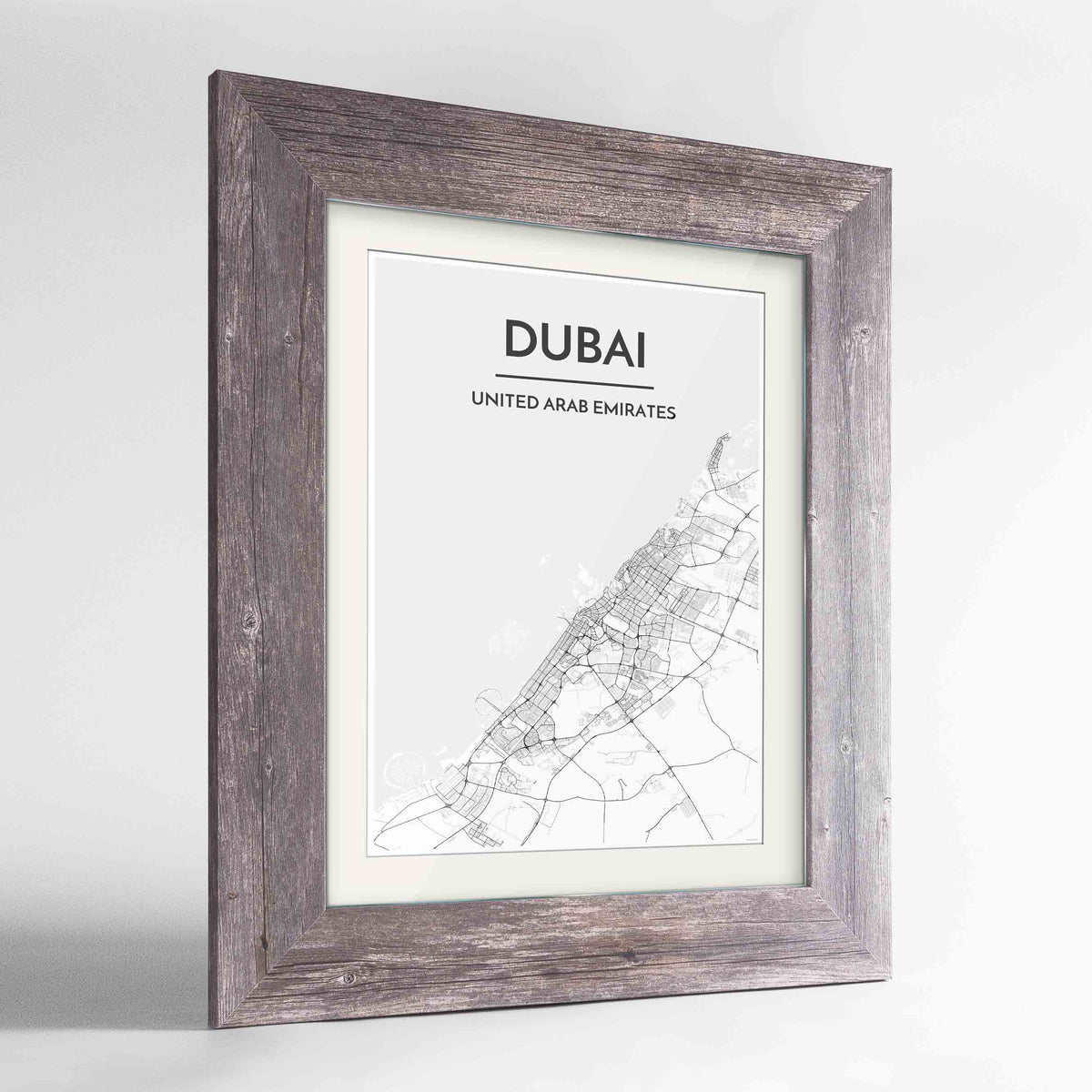 Framed Dubai Map Art Print 24x36&quot; Western Grey frame Point Two Design Group