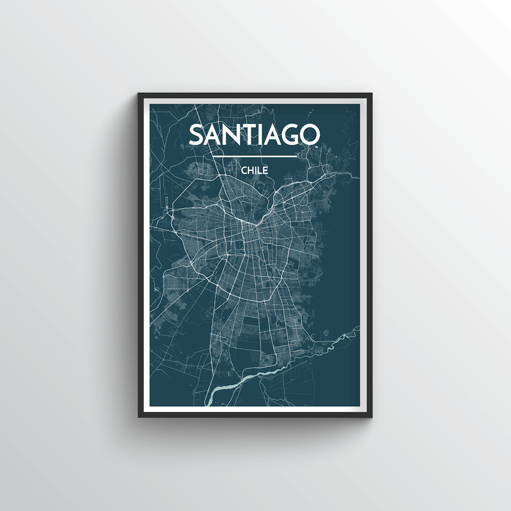 Santiago City Map Art Print - Point Two Design - Black &amp; White Print