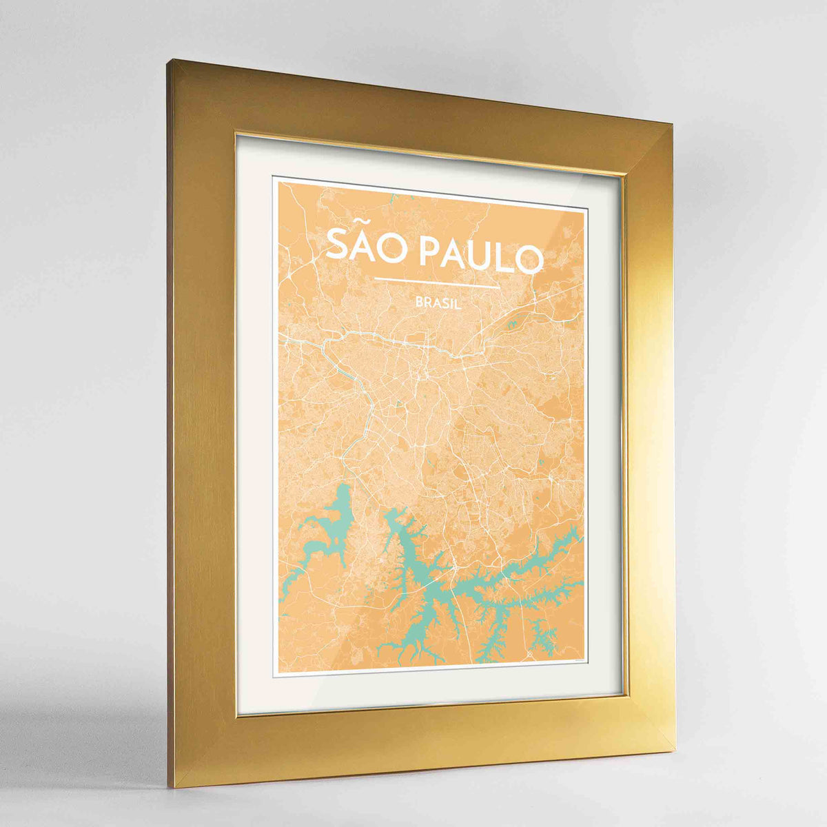 Framed Sao Paulo Map Art Print 24x36&quot; Gold frame Point Two Design Group