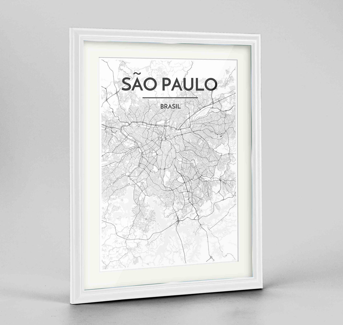 Framed Sao Paulo Map Art Print 24x36&quot; Traditional White frame Point Two Design Group