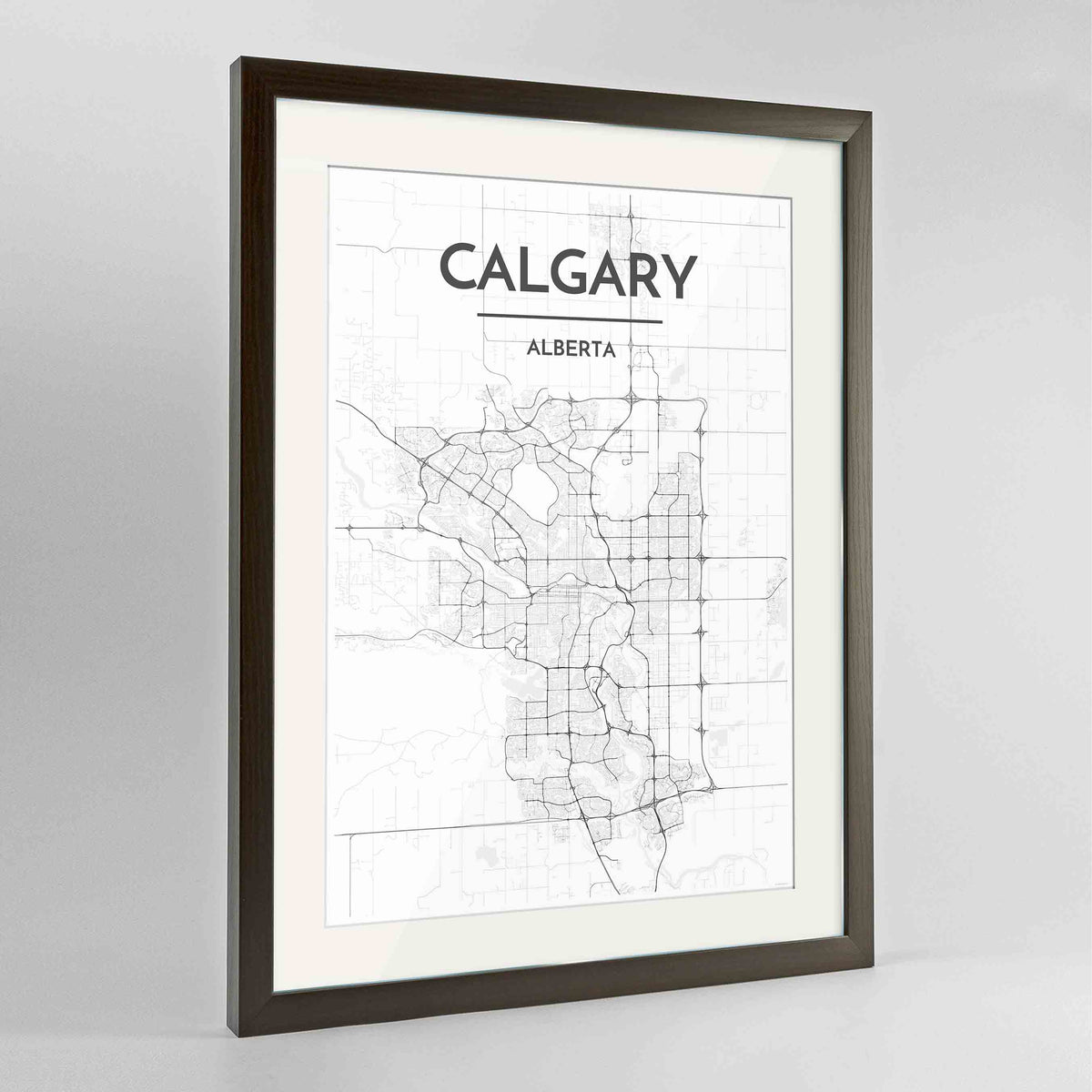 Framed Calgary City Map 24x36&quot; Contemporary Walnut frame Point Two Design Group