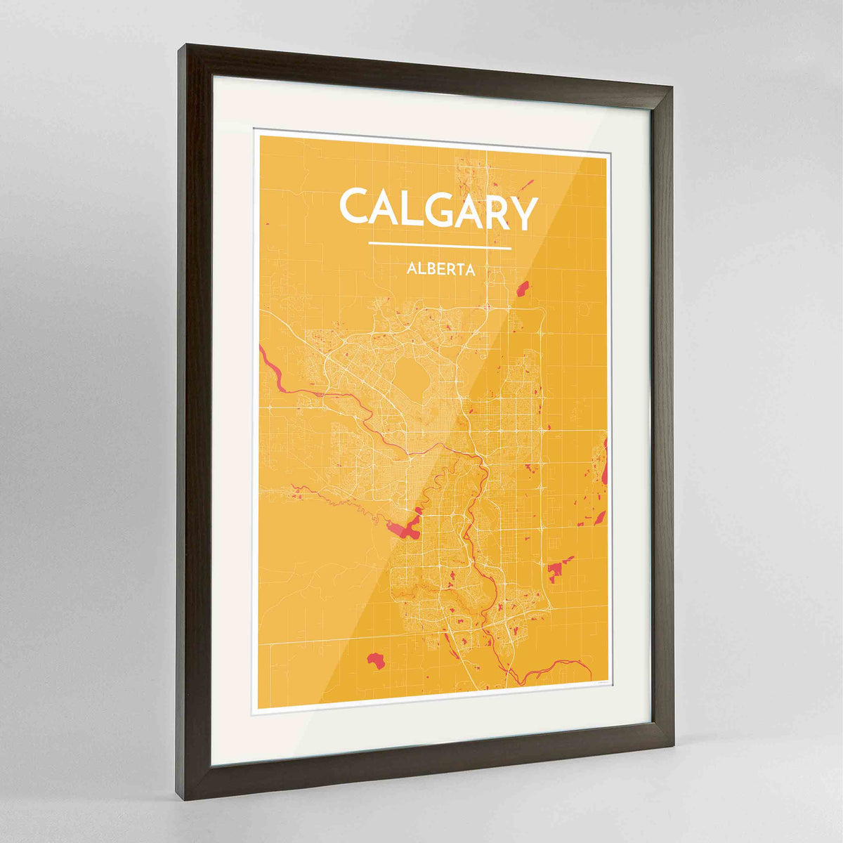 Framed Calgary City Map 24x36&quot; Contemporary Walnut frame Point Two Design Group