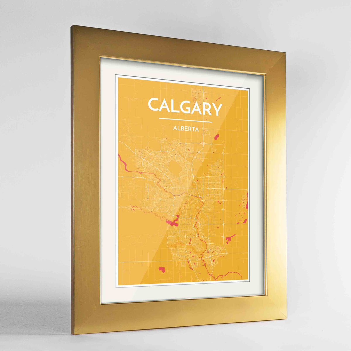 Framed Calgary City Map 24x36&quot; Gold frame Point Two Design Group