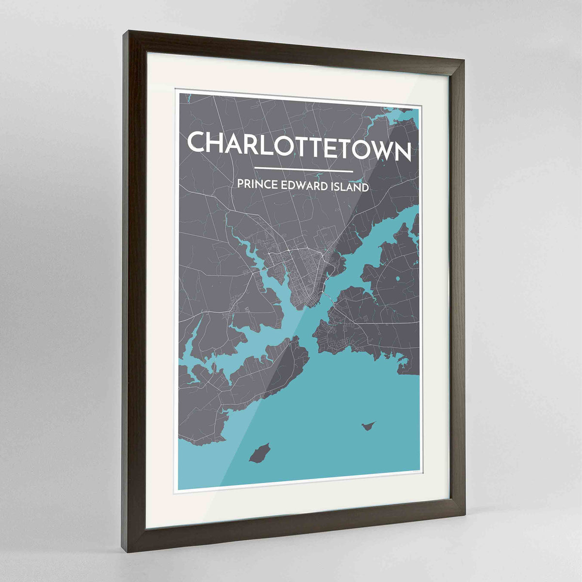 Framed Charlottetown City Map 24x36&quot; Contemporary Walnut frame Point Two Design Group
