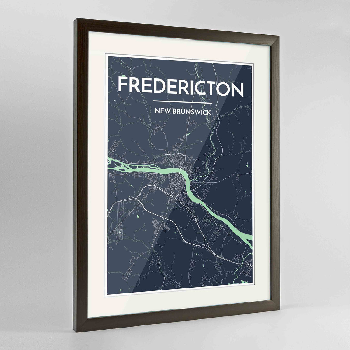 Framed Fredericton City Map 24x36&quot; Contemporary Walnut frame Point Two Design Group