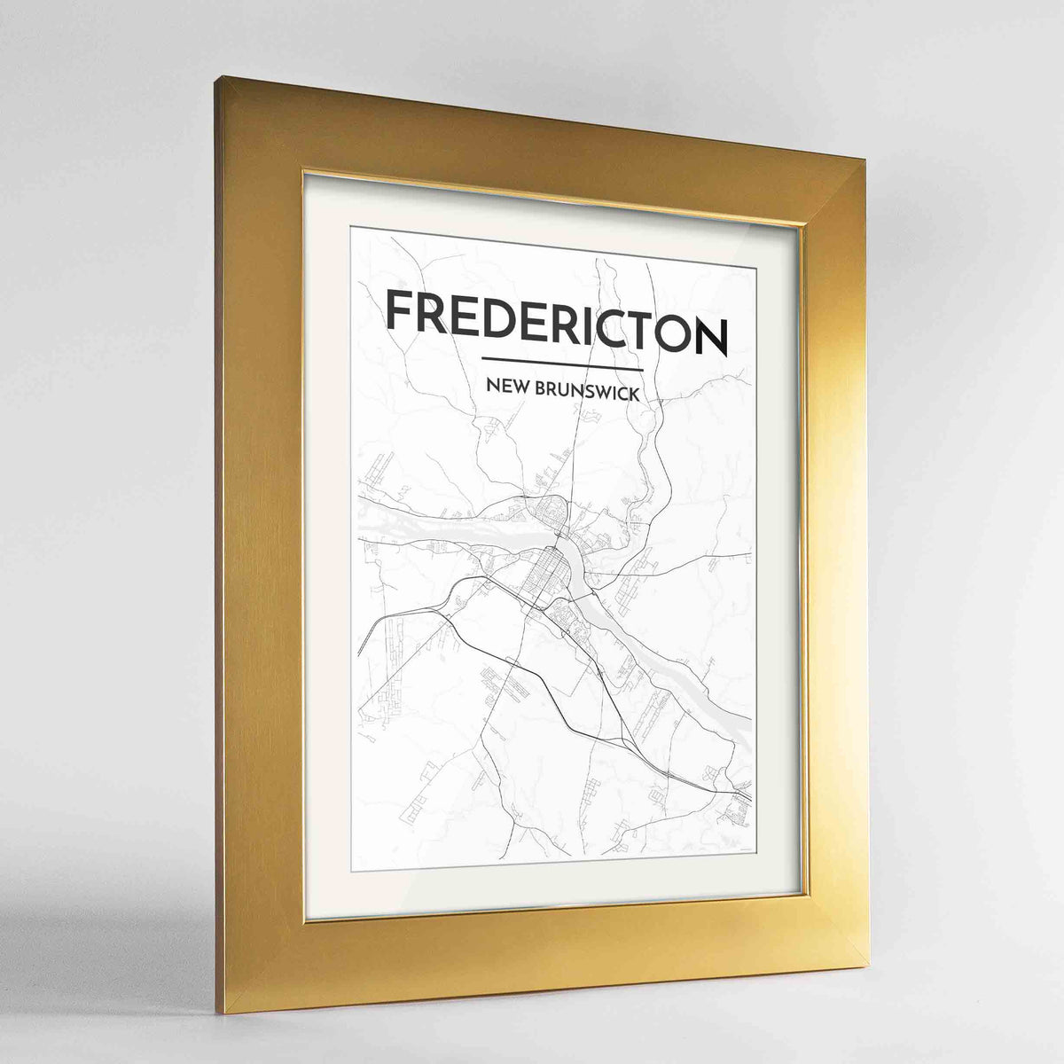 Framed Fredericton City Map 24x36&quot; Gold frame Point Two Design Group