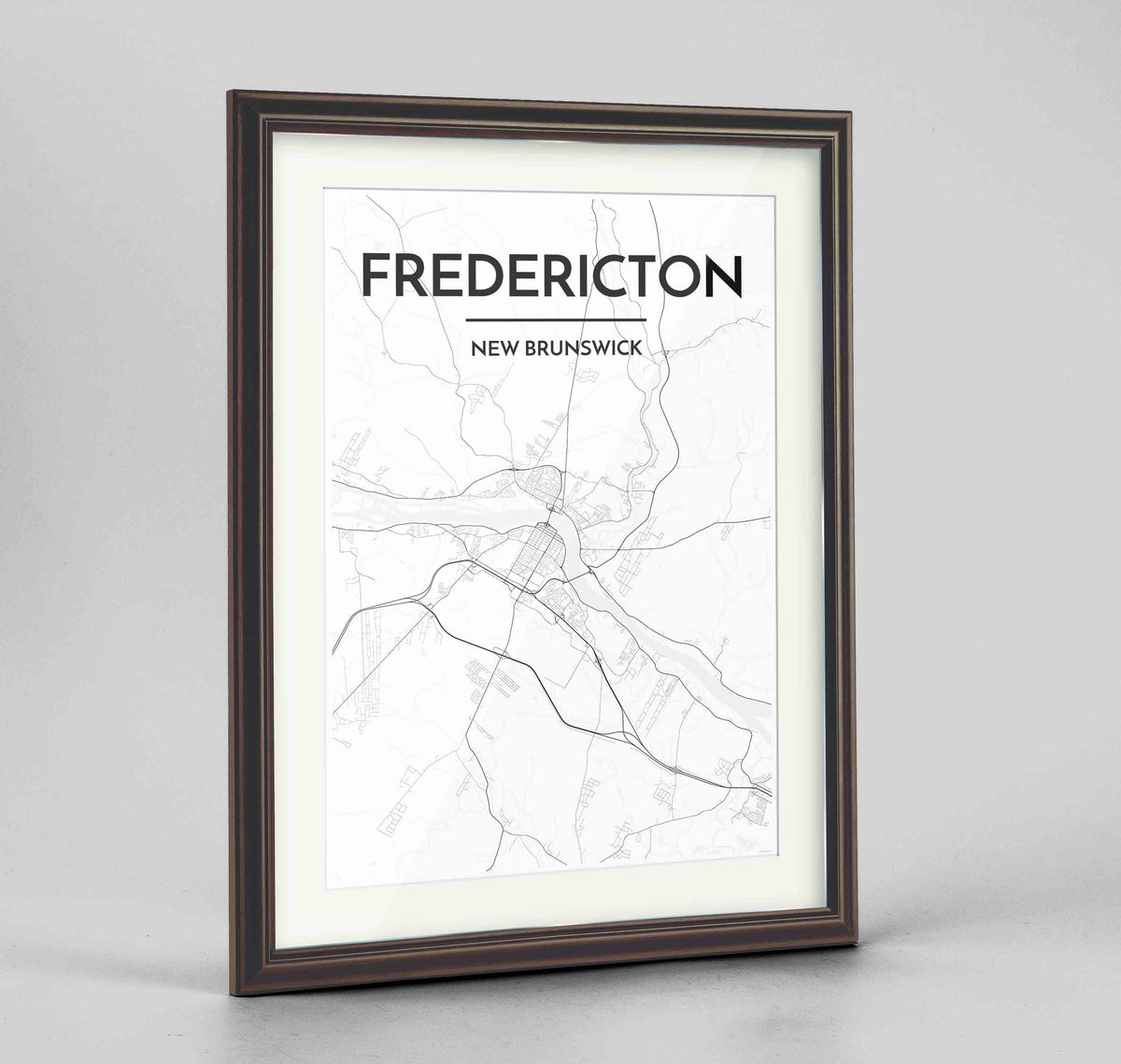 Framed Fredericton City Map 24x36&quot; Traditional Walnut frame Point Two Design Group
